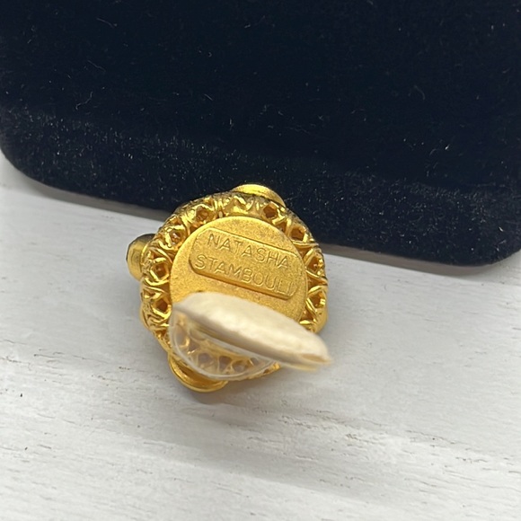 Vintage Jeweled Natasha Stambouli Signed Clip-on Earrings, 24K GP, Semi Precious - Picture 7 of 8
